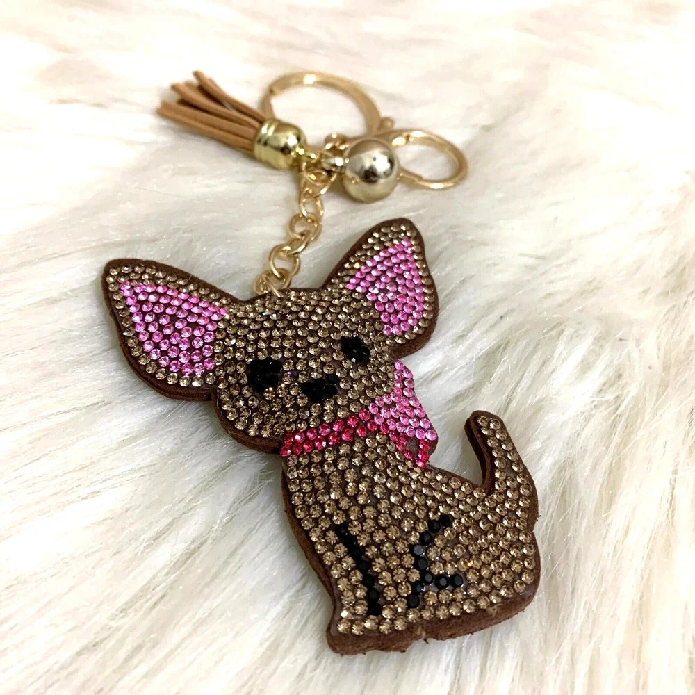 CHIHUAHUA Dog Key Ring Fob Clip on Plush Purse Charm Rhinestones Bling Brown